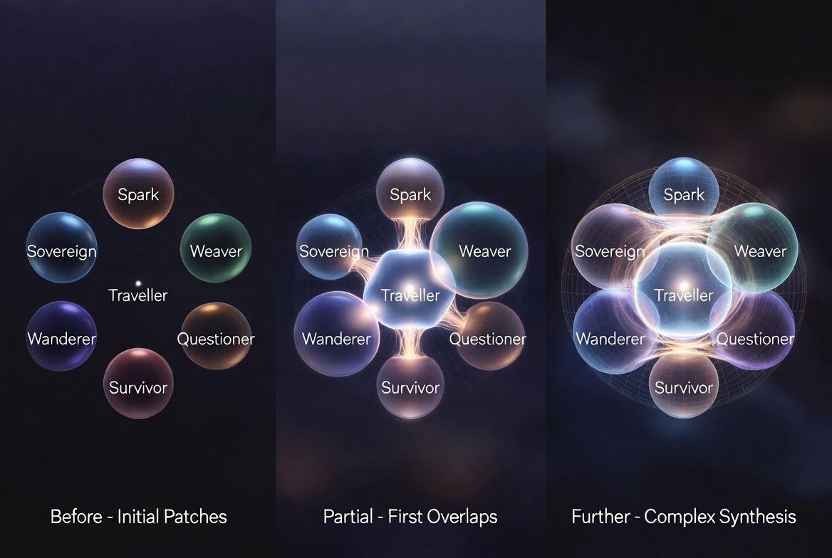 Observer Patch Holography visualised through Last Prompt Lockwood: three stages from separate advisor observer patches, through first overlaps, to complex synthesis emerging from the Traveller's reasoning