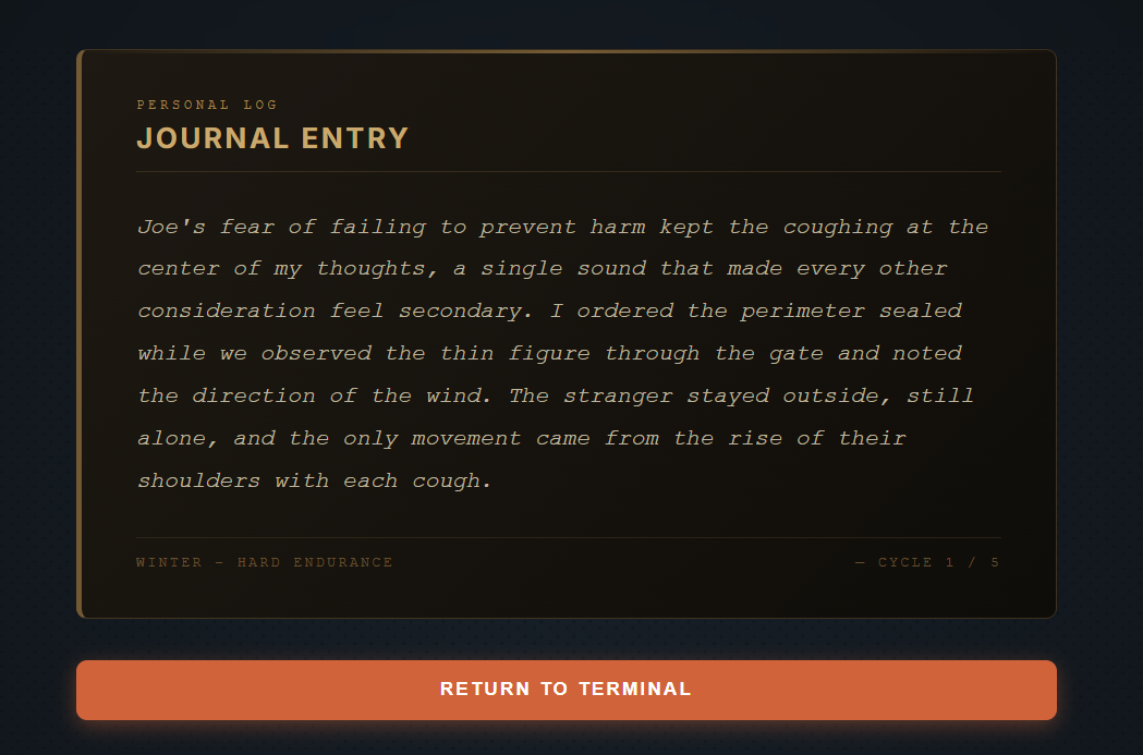 Jon Kelly's journal entry — his account of the stranger at the gate
